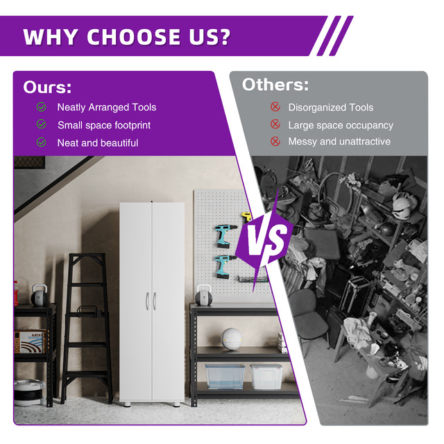 75" Tall Home Storage Cabinet with Adjustable Shelves, White Freestanding Cabinet for Garage, Laundry Room, Pantry, Kitchen, Pantry, or Workshop