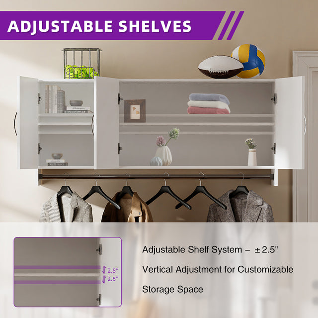 54”Wall Mounted Cabinet with Hanging Rod | 3-Door Storage Cabinet with Adjustable Shelf, Hanging Storage Cupboard for Laundry Room, Mudroom, Garage, Kitchen