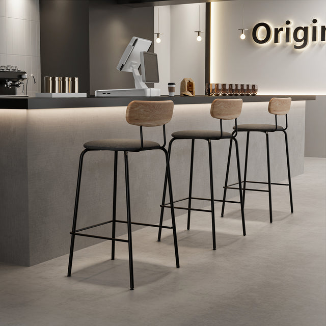 Counter Height Bar Stool with Wood Backrest and Footrest, Contemporary Upholstered Counter Height Chair with Steel Frame