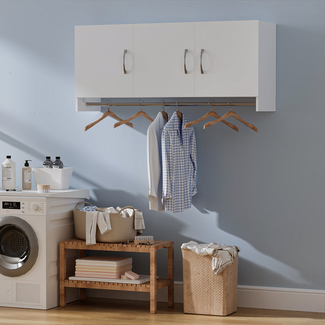 54”Wall Mounted Cabinet with Hanging Rod | 3-Door Storage Cabinet with Adjustable Shelf, Hanging Storage Cupboard for Laundry Room, Mudroom, Garage, Kitchen