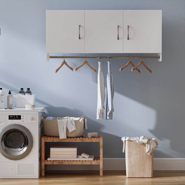 54”Wall Mounted Cabinet with Hanging Rod | 3-Door Storage Cabinet with Adjustable Shelf, Hanging Storage Cupboard for Laundry Room, Mudroom, Garage, Kitchen