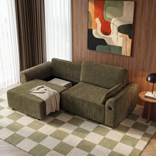 94" 3-in-1 Pull-Out Sleeper Sofa Bed for Living Room, Chenille Olive Green