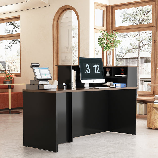 ALFA Rectangle Wood Reception Desk with Multi-Layer Storage Compartments — Modern Front Counter for Office, Salon, Hotel, or Retail Space
