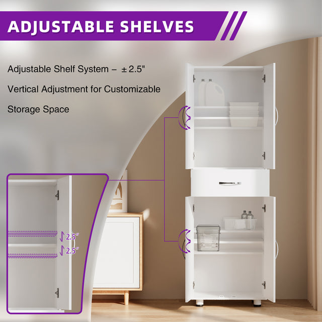 75" Home Storage Cabinet with Drawer and Adjustable Shelves, Freestanding Unit for Pantry, Laundry, Office – Garage Option