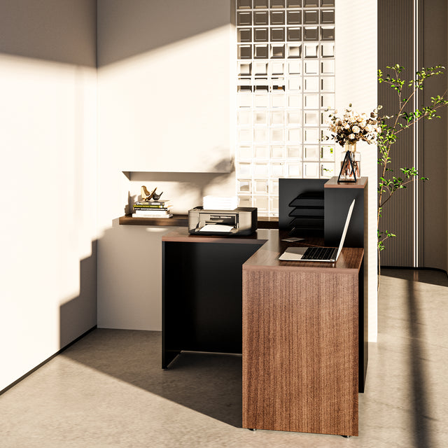 Modern L-Shaped Reception Desk with Storage Cabinets and Cable Management, Durable Manufactured Wood Front Desk for Office and Commercial Spaces