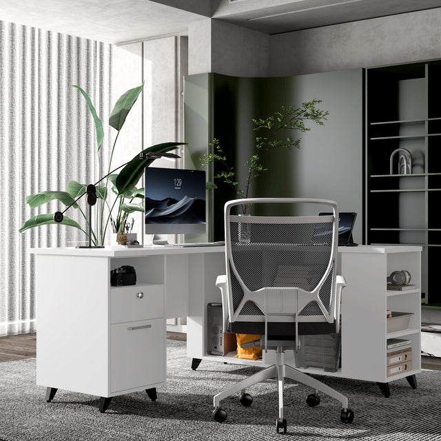 L Shaped Executive Desk With Drawers And Open Storage Shelves