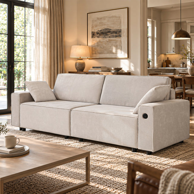 94" 3-in-1 Pull-Out Sleeper Sofa Bed for Living Room, Chenille Beige