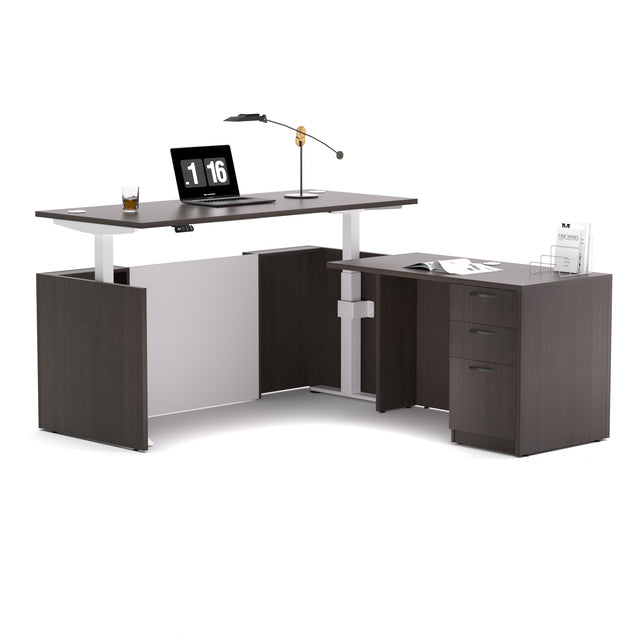 Height Adjustable L-Shaped Executive Standing Desk with Dual Motor Lift System, Programmable Memory Controller, and Lockable 3-Drawer Pedestal