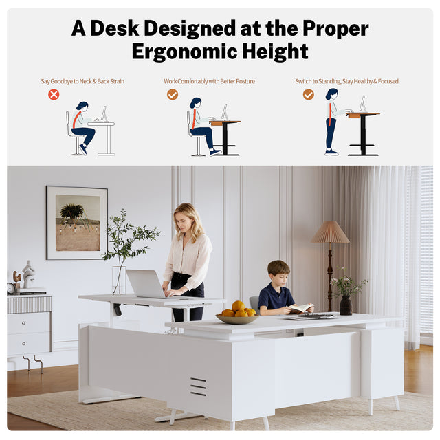 L-Shaped Height Adjustable Executive Desk with File Cabinet, 71"+77" Sit Stand Corner Office Desk with Drawers & Door Storage, Electric Motor, Privacy Panel, Dual Monitors — White
