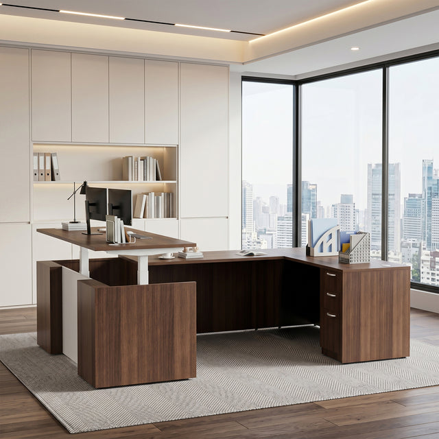 U-Shaped Adjustable Height Executive Standing Desk with Electric Dual Motor Lift, 3-Drawer Locking Pedestal, and Reversible Bridge