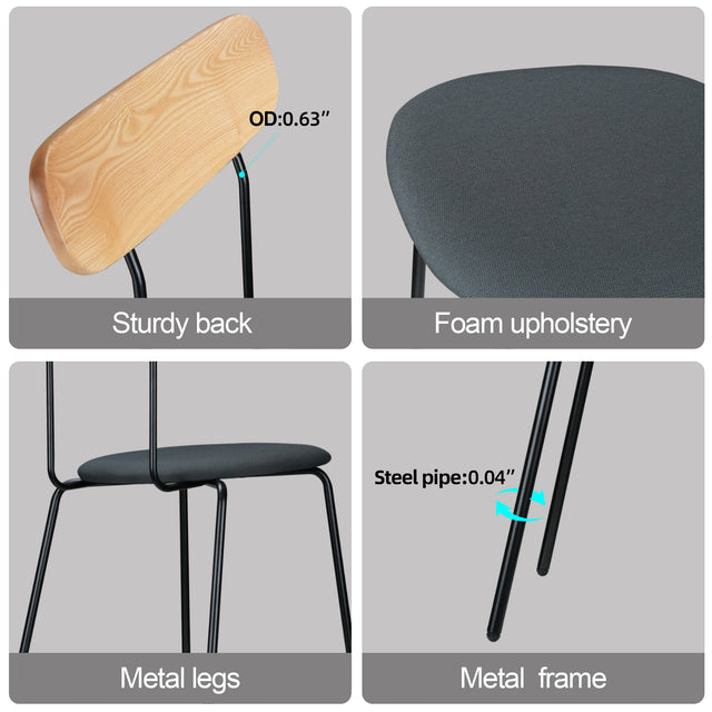 Modern Dining Chair with Ash Wood Backrest and Steel Frame | Upholstered Seat, Stackable for Home, Office, Restaurant, Cafe
