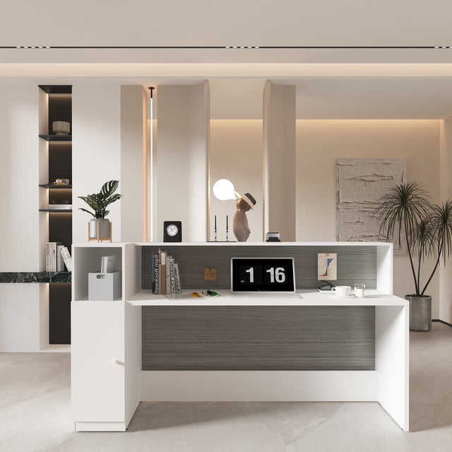 ALFA Modern Manufactured Wood Reception Desk with Filing Cabinet and Privacy Panel – White & Gray Front Office Counter