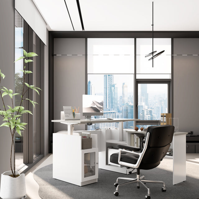 Height Adjustable L-Shaped Executive Desk With Cabinet And Open Shelf