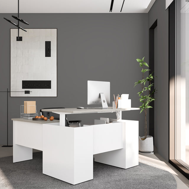 Height Adjustable L-Shaped Executive Desk With Cabinet And Open Shelf