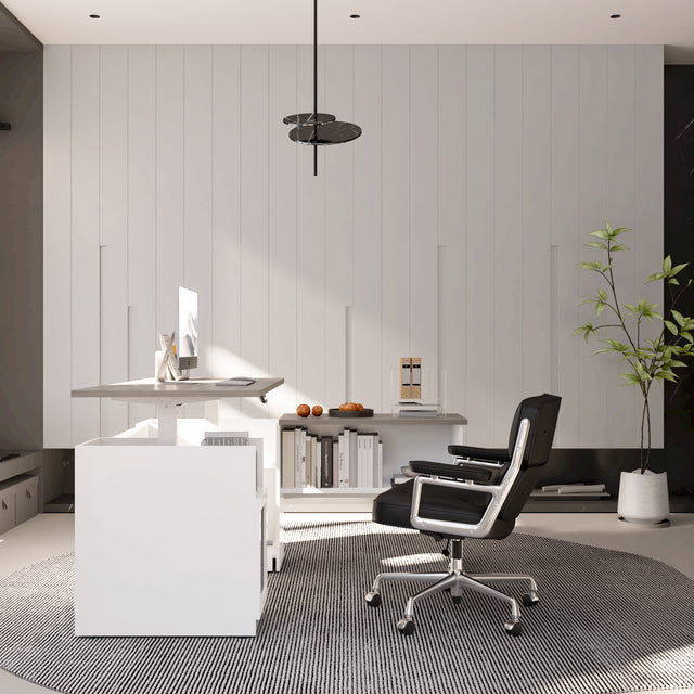 Height Adjustable L-Shaped Executive Desk With Cabinet And Open Shelf