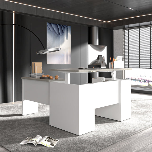 Height Adjustable L-Shaped Executive Desk With Cabinet And Open Shelf