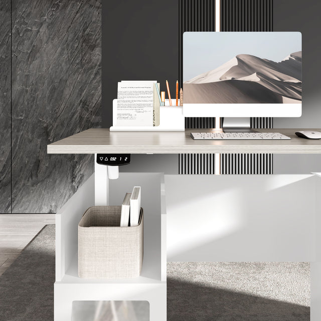 Height Adjustable L-Shaped Executive Desk With Cabinet And Open Shelf