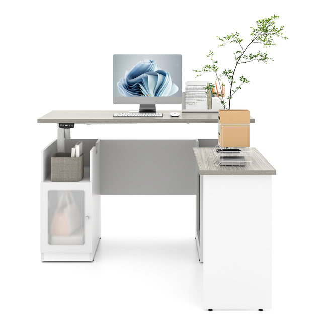 Height Adjustable L-Shaped Executive Desk With Cabinet And Open Shelf