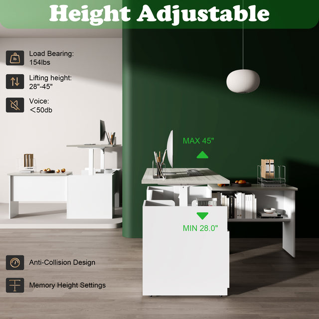 Height Adjustable L-Shaped Executive Desk With Cabinet And Open Shelf