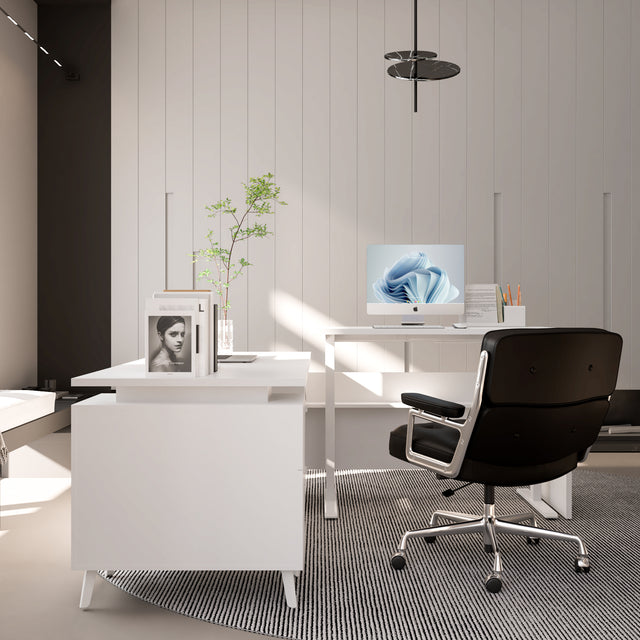 L-Shaped Height Adjustable Executive Desk with File Cabinet, 71"+77" Sit Stand Corner Office Desk with Drawers & Door Storage, Electric Motor, Privacy Panel, Dual Monitors — White