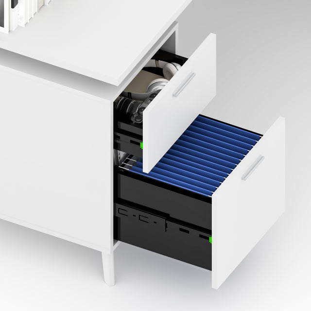 L-Shaped Height Adjustable Executive Desk with File Cabinet, 71"+77" Sit Stand Corner Office Desk with Drawers & Door Storage, Electric Motor, Privacy Panel, Dual Monitors — White