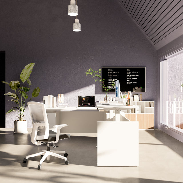 L-Shaped Height Adjustable Executive Desk with File Cabinet, 71"+77" Sit Stand Corner Office Desk with Drawers & Door Storage, Electric Motor, Privacy Panel, Dual Monitors — White