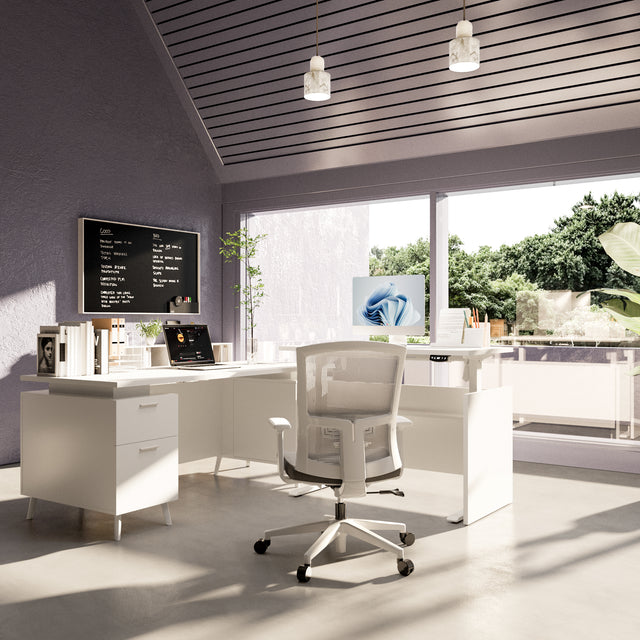 L-Shaped Height Adjustable Executive Desk with File Cabinet, 71"+77" Sit Stand Corner Office Desk with Drawers & Door Storage, Electric Motor, Privacy Panel, Dual Monitors — White