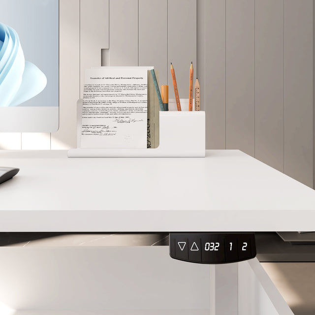 L-Shaped Height Adjustable Executive Desk with File Cabinet, 71"+77" Sit Stand Corner Office Desk with Drawers & Door Storage, Electric Motor, Privacy Panel, Dual Monitors — White