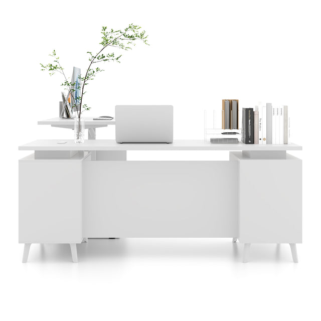 L-Shaped Height Adjustable Executive Desk with File Cabinet, 71"+77" Sit Stand Corner Office Desk with Drawers & Door Storage, Electric Motor, Privacy Panel, Dual Monitors — White
