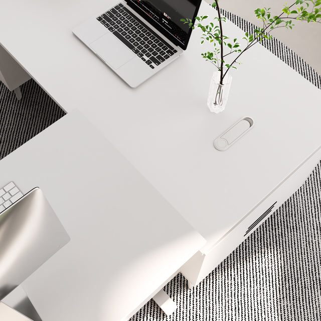 L-Shaped Height Adjustable Executive Desk with File Cabinet, 71"+77" Sit Stand Corner Office Desk with Drawers & Door Storage, Electric Motor, Privacy Panel, Dual Monitors — White