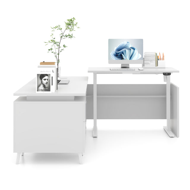 L-Shaped Height Adjustable Executive Desk with File Cabinet, 71"+77" Sit Stand Corner Office Desk with Drawers & Door Storage, Electric Motor, Privacy Panel, Dual Monitors — White