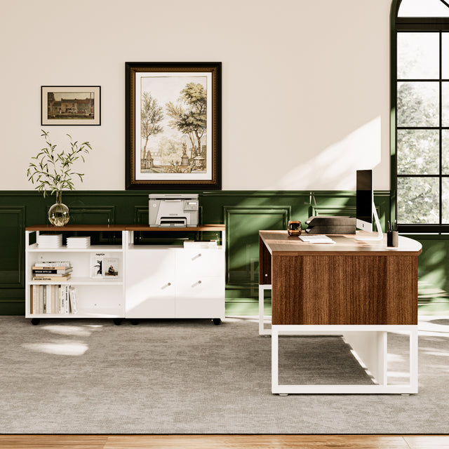 67” Wide L-Shaped Executive Desk With Bow Front Desk Mobile Filing Storage Cabinet And Bookcase