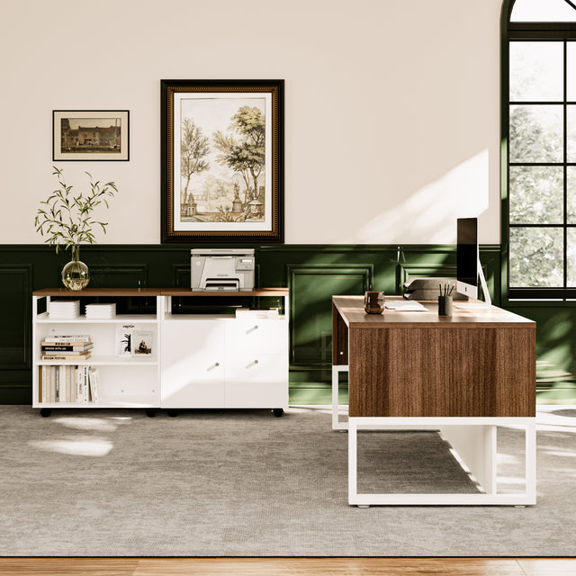 67" Wide L-Shaped Executive Desk With Mobile Filing Storage Cabinet And Bookcase