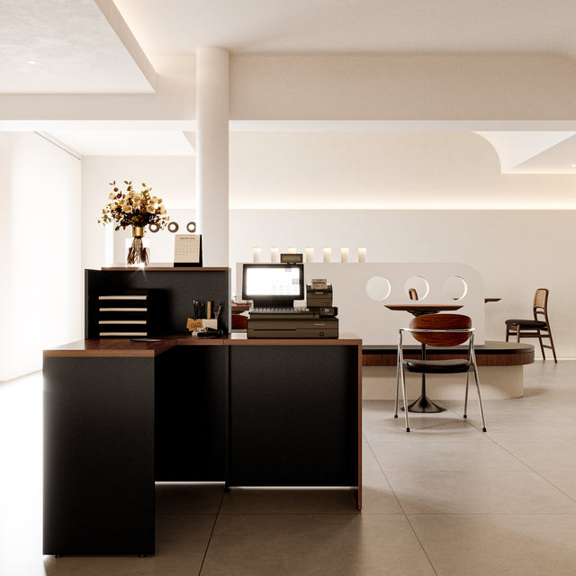 Modern L-Shaped Reception Desk with Storage Cabinets and Cable Management, Durable Manufactured Wood Front Desk for Office and Commercial Spaces