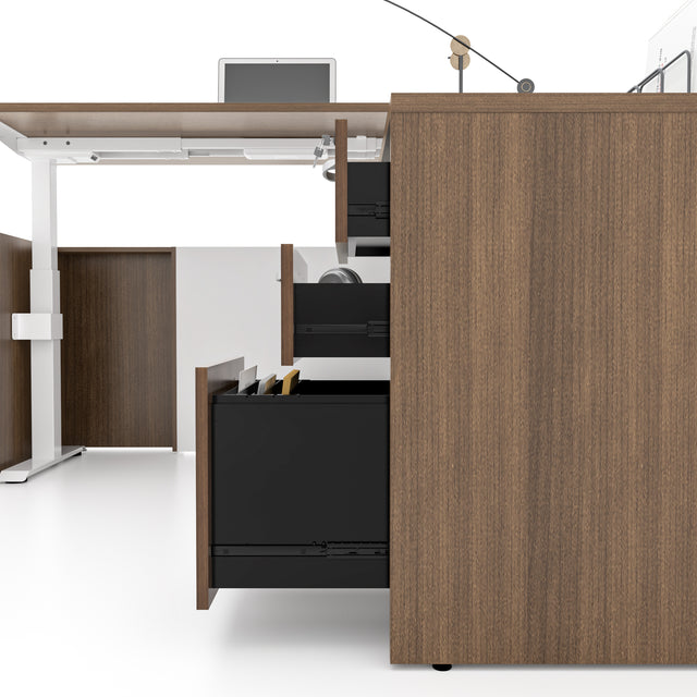 Height Adjustable L-Shaped Executive Standing Desk with Dual Motor Lift System, Programmable Memory Controller, and Lockable 3-Drawer Pedestal