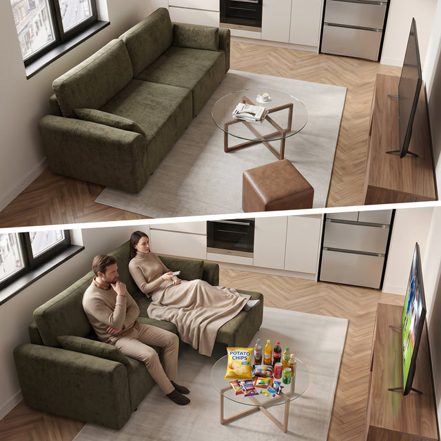 94" 3-in-1 Pull-Out Sleeper Sofa Bed for Living Room, Chenille Olive Green