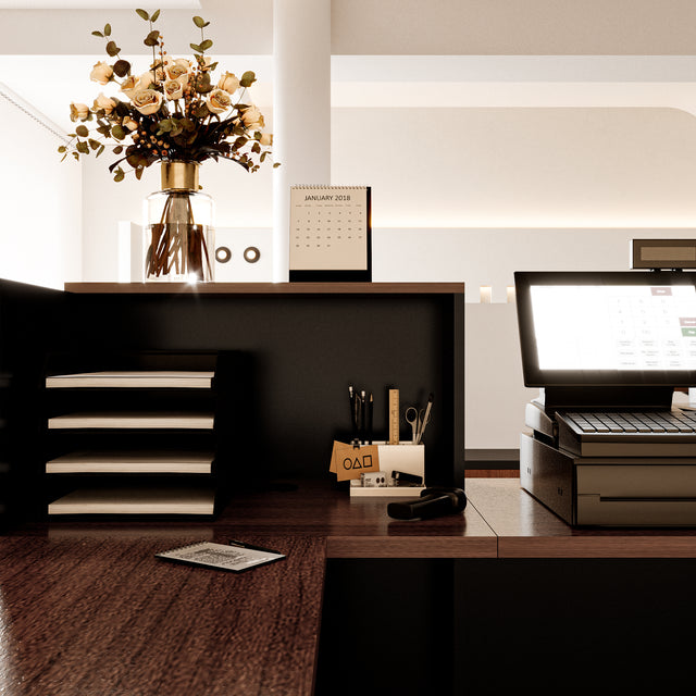 Modern L-Shaped Reception Desk with Storage Cabinets and Cable Management, Durable Manufactured Wood Front Desk for Office and Commercial Spaces