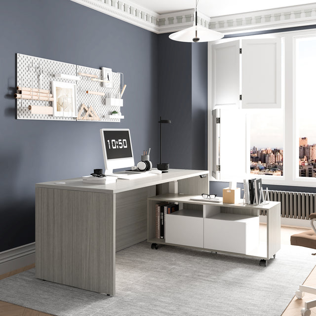 ALFA L-Shaped Adjustable Executive Standing Desk – Dual Motor Sit-Stand Desk with Filing Cabinet and Shelves, 28"–45.5" Height Range