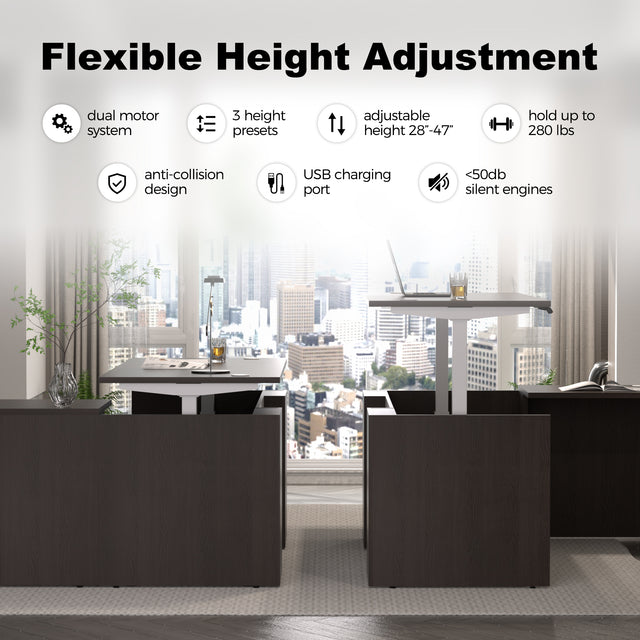 U-Shaped Adjustable Height Executive Standing Desk with Electric Dual Motor Lift, 3-Drawer Locking Pedestal, and Reversible Bridge