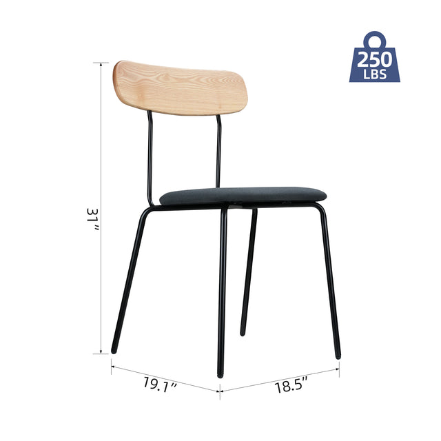 Modern Dining Chair with Ash Wood Backrest and Steel Frame | Upholstered Seat, Stackable for Home, Office, Restaurant, Cafe