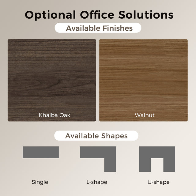 Wooden panel options with 'Khalba Oak' and 'Walnut' finishes, and shapes including 'Single', 'L-shape', and 'U-shape'.