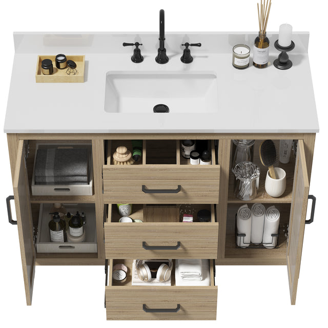 48"W Freestanding Brown Single Bathroom Vanity With Quartz Countertop And Louvered Doors, Pre-Assembled