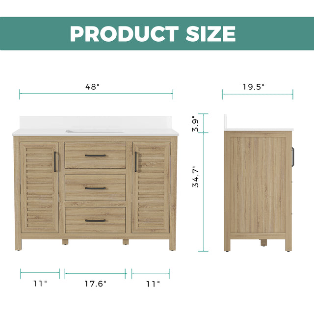 48"W Freestanding Brown Single Bathroom Vanity With Quartz Countertop And Louvered Doors, Pre-Assembled