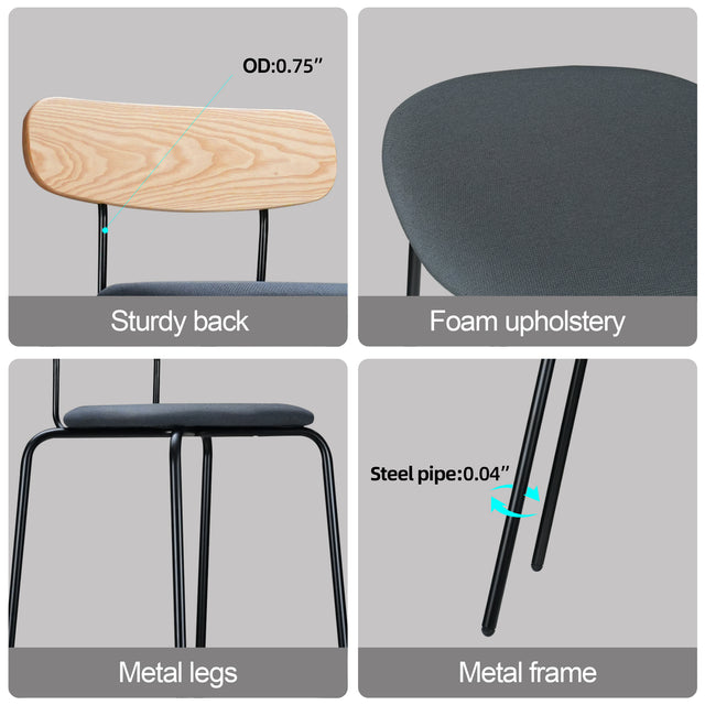Counter Height Bar Stool with Wood Backrest and Footrest, Contemporary Upholstered Counter Height Chair with Steel Frame
