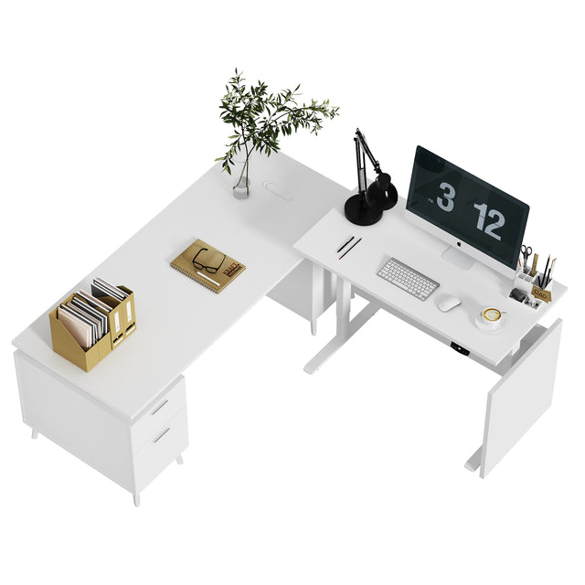 L-Shaped Height Adjustable Executive Desk with File Cabinet, 71"+77" Sit Stand Corner Office Desk with Drawers & Door Storage, Electric Motor, Privacy Panel, Dual Monitors — White