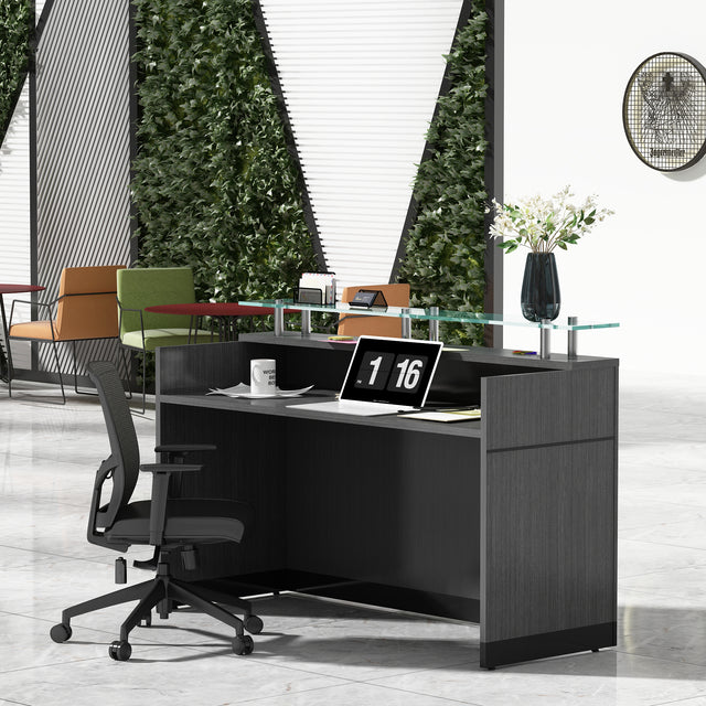 ALFA Modern Rectangle Glass Reception Desk – 63" Laminate Front Desk with Tempered Glass Countertop and Cable Management