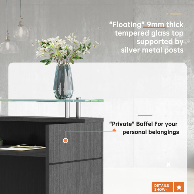 ALFA Modern Rectangle Glass Reception Desk – 63" Laminate Front Desk with Tempered Glass Countertop and Cable Management