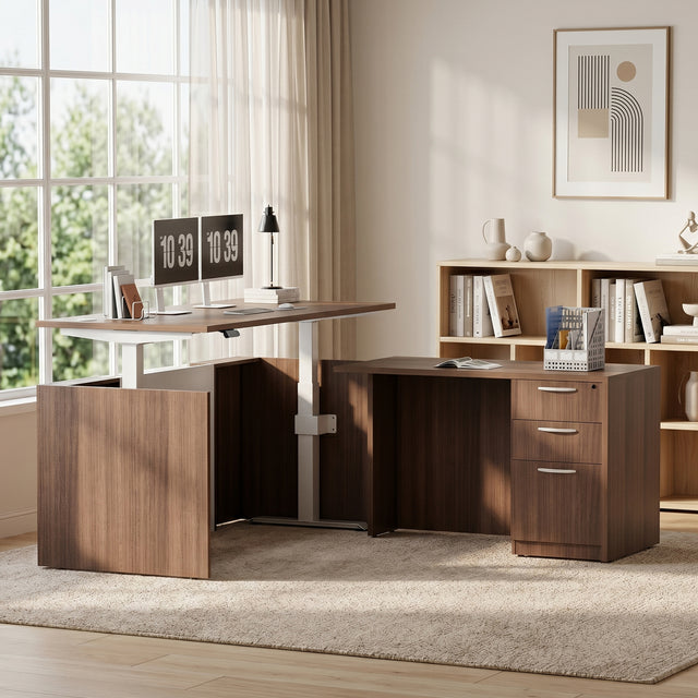 Height Adjustable L-Shaped Executive Standing Desk with Dual Motor Lift System, Programmable Memory Controller, and Lockable 3-Drawer Pedestal