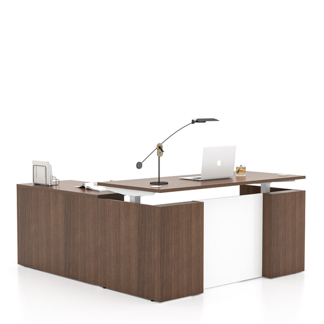 Height Adjustable L-Shaped Executive Standing Desk with Dual Motor Lift System, Programmable Memory Controller, and Lockable 3-Drawer Pedestal