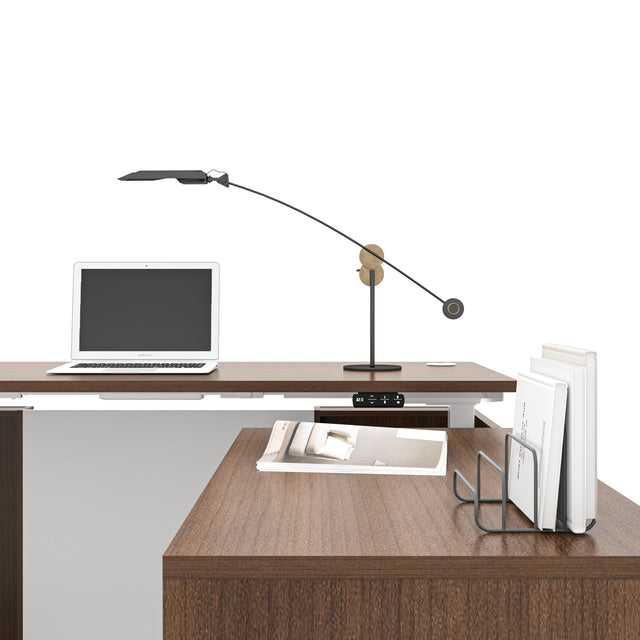 Height Adjustable L-Shaped Executive Standing Desk with Dual Motor Lift System, Programmable Memory Controller, and Lockable 3-Drawer Pedestal